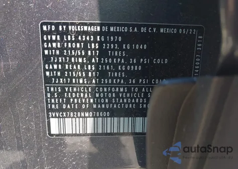 2022 Volkswagen Taos 1.5T S из США, поврежденный, VIN 3VVCX7B28NM078600